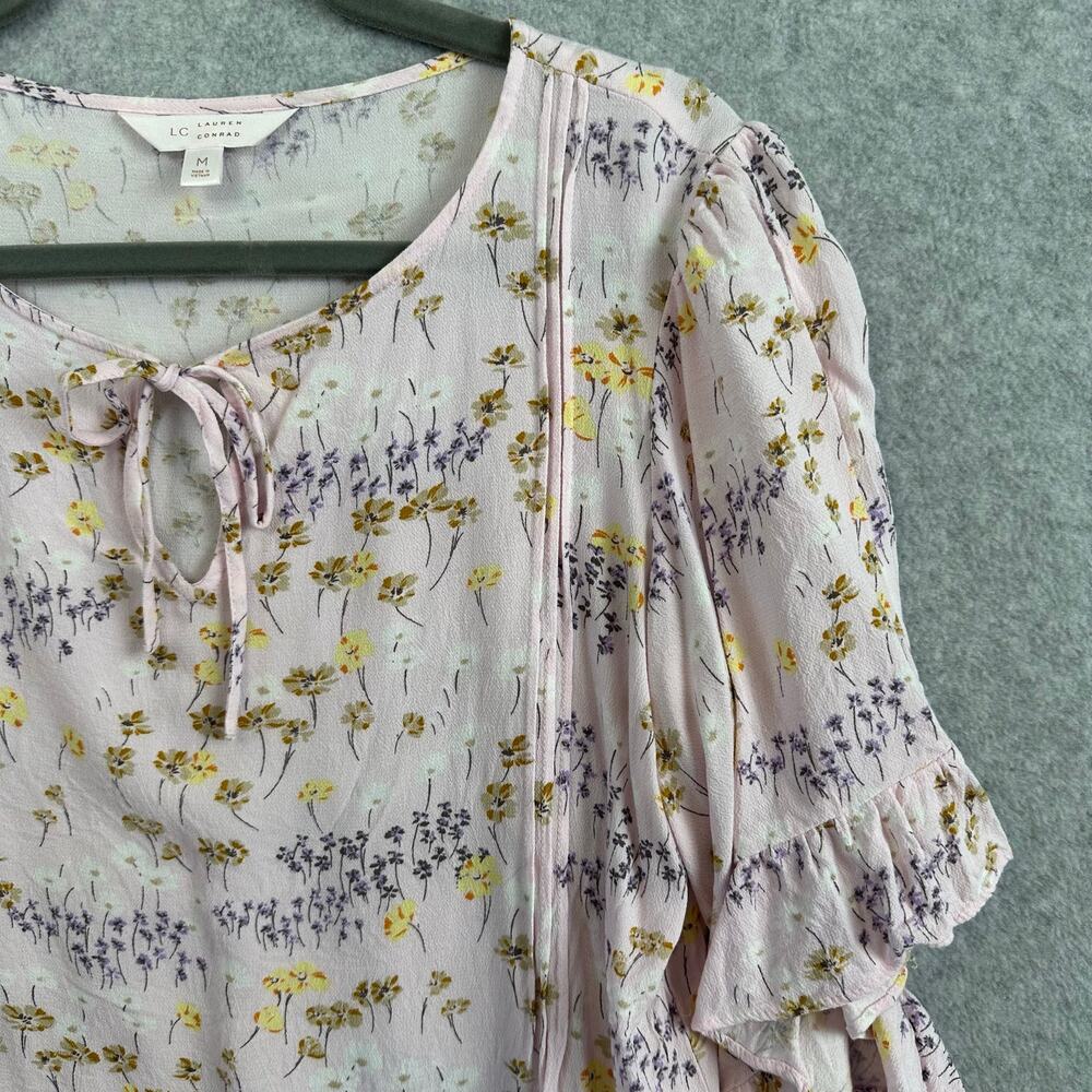 Lauren Conrad Floral Boho Blouse Med Pink Whimsical Bloomcore Short Sleeve Top - Picture 4 of 13